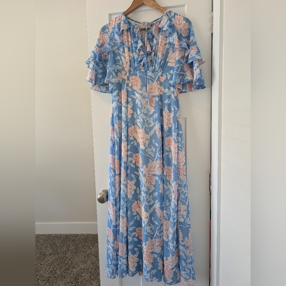 Gal Meets Glam Maxi Blue Pink Floral Shelby Dress Tie Neck Size 4 - Picture 5 of 10